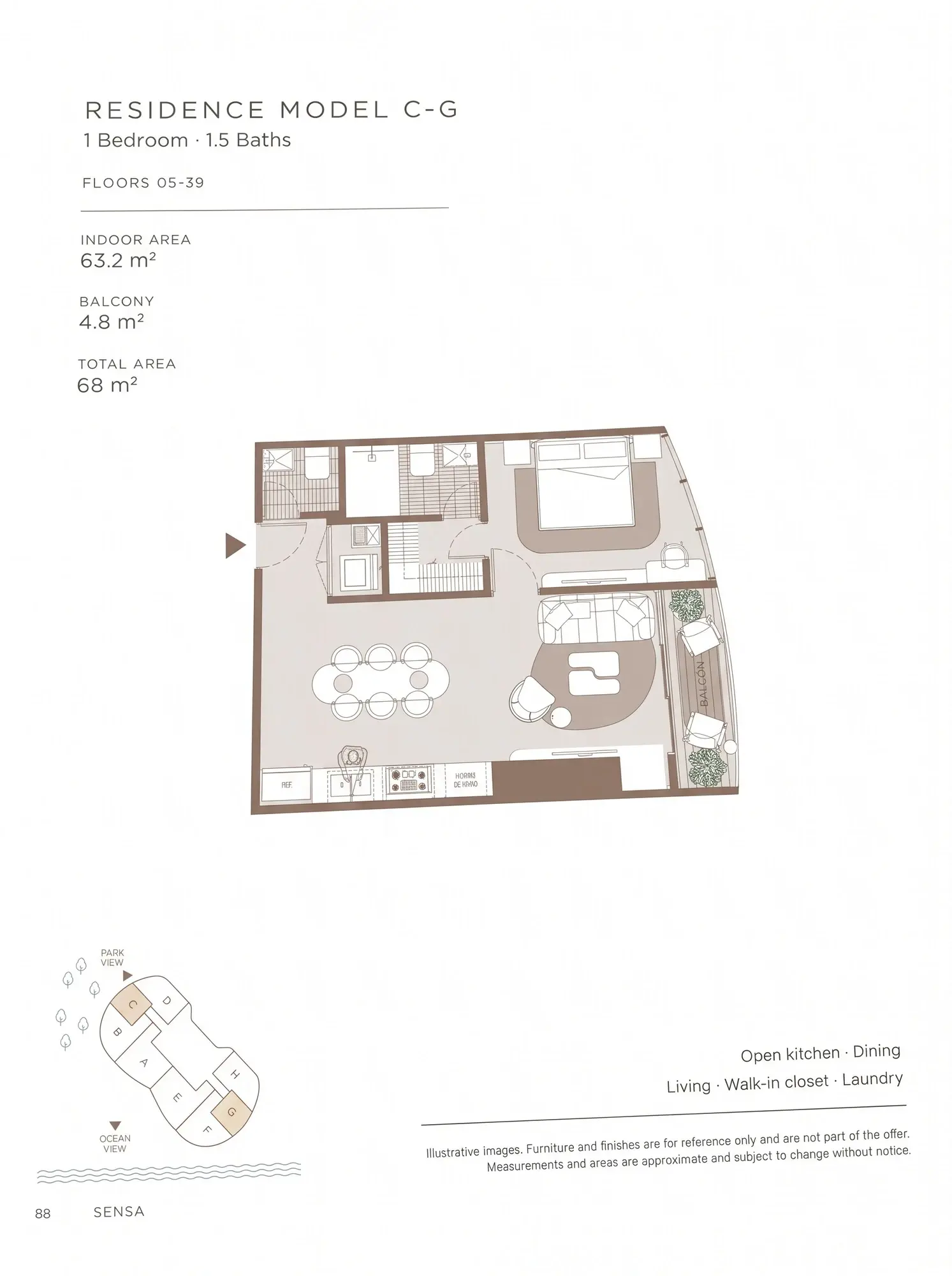 Floor plan of Sensa Residences model C-G, a 68 m² apartment with one bedroom, one and a half bathrooms, an open kitchen, a walk-in closet, a laundry and a 4.8 m² balcony, on floors 5 to 39.