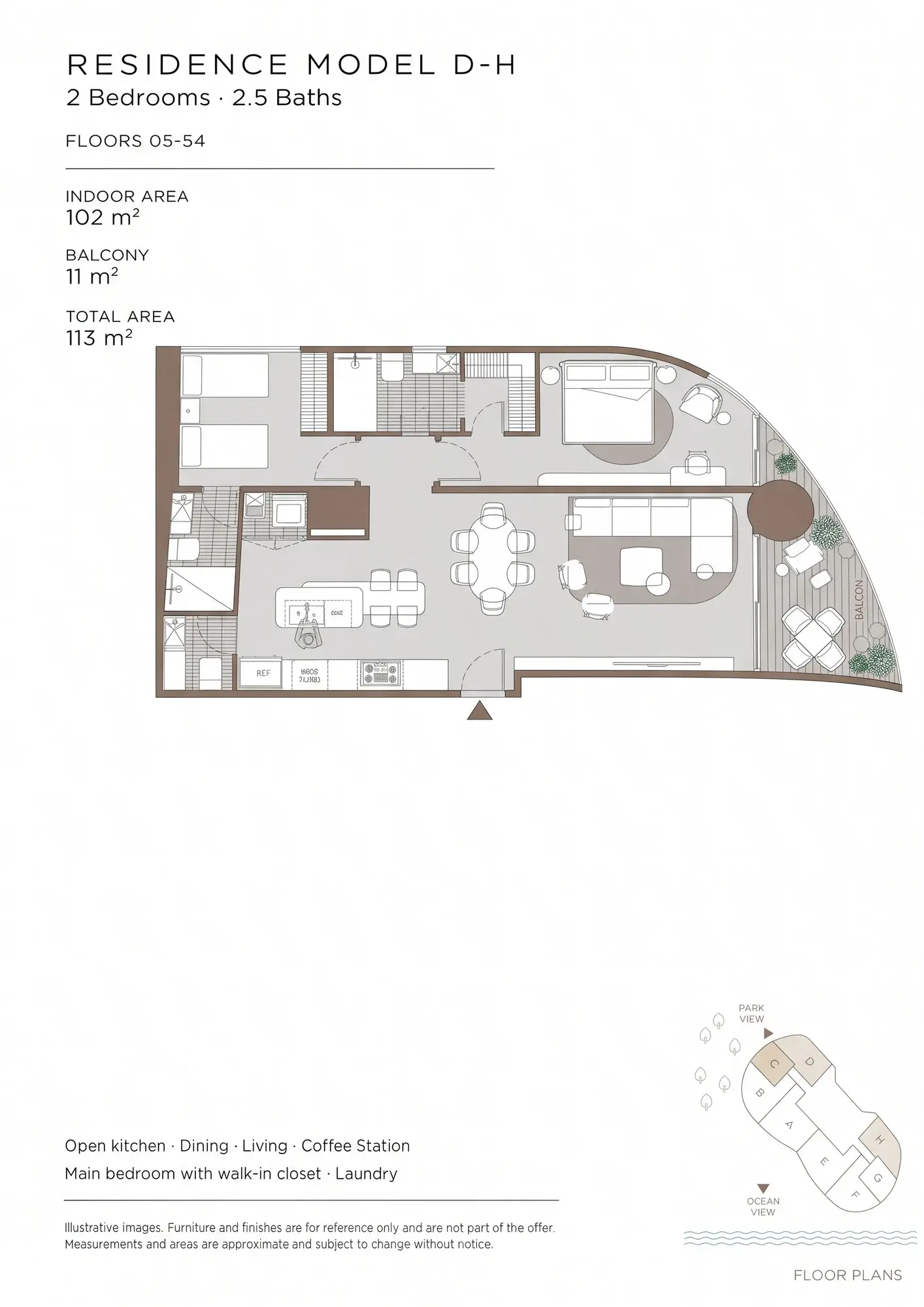 Floor plan of Sensa Residences model D-H, a 113 m² apartment with two bedrooms, two and a half bathrooms, an open kitchen, a coffee station, a primary bedroom with walk-in closet, a laundry and an 11 m² balcony, on floors 5 to 54.