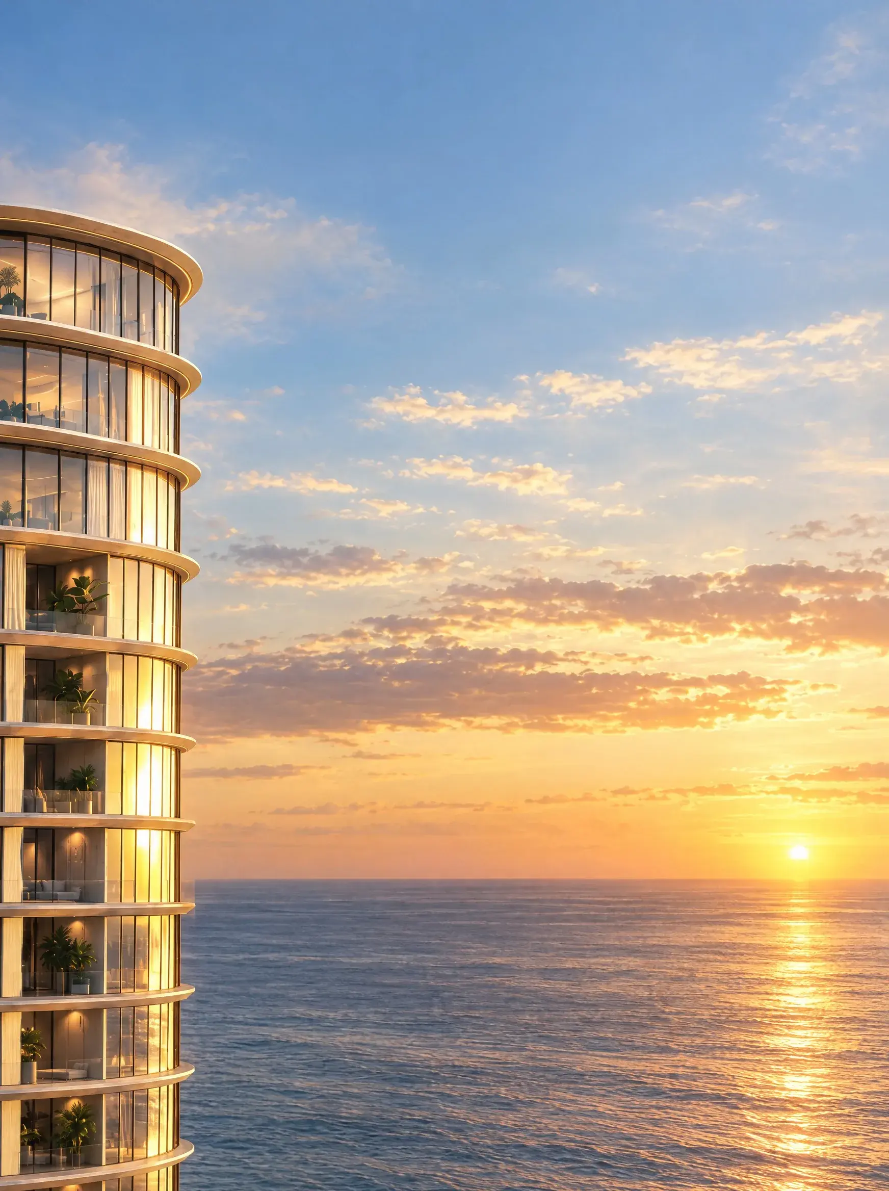 Architectural render of the curved Sensa Residences tower beside the ocean at sunset, with glass balconies on every floor.