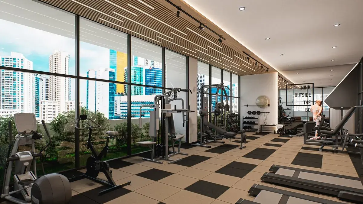 Architectural render of the Silver Bay gym with city views.