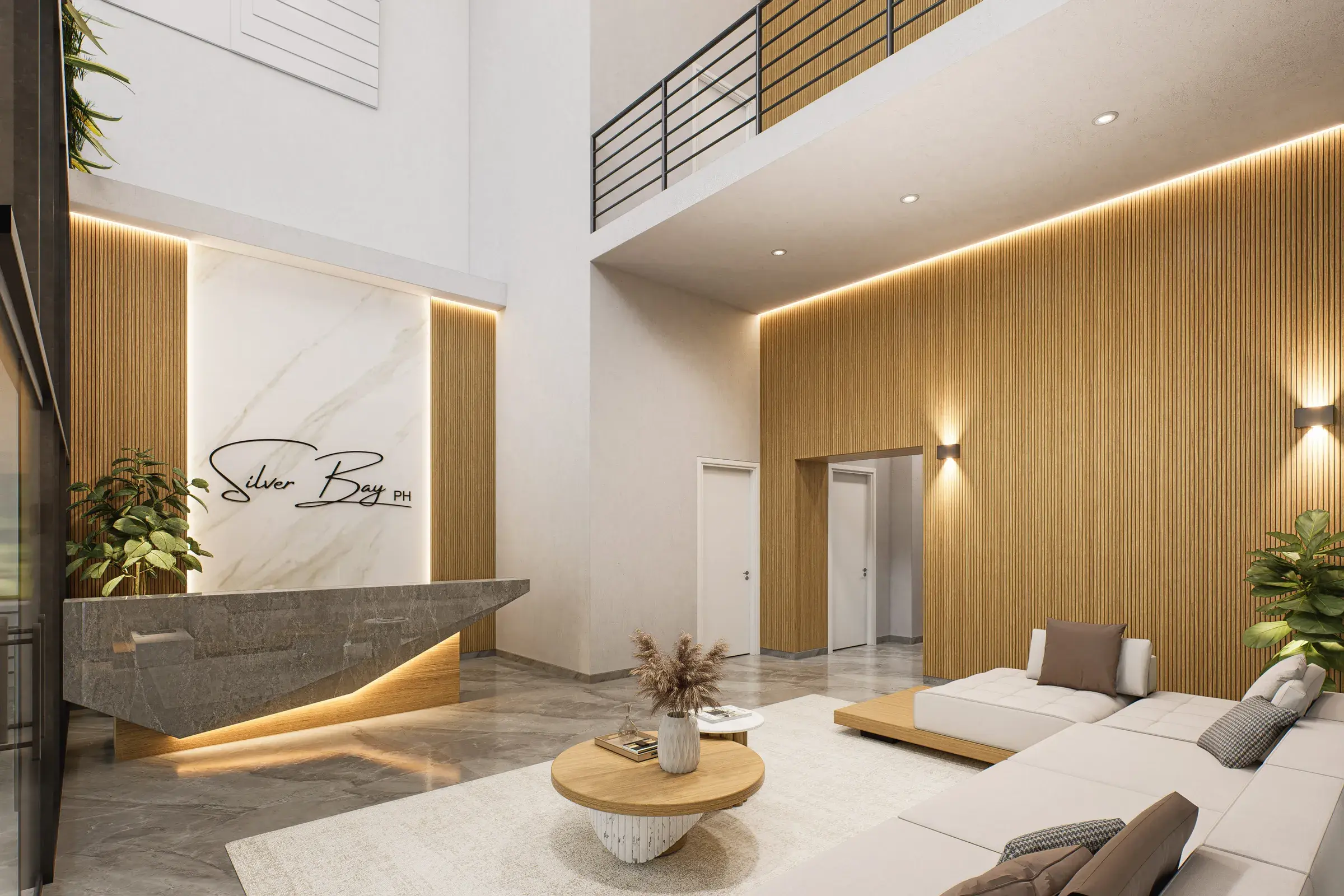 Architectural render of the Silver Bay lobby and reception.