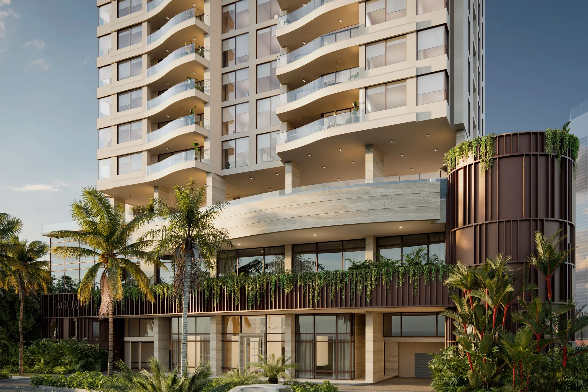 Architectural render of the Tagua podium, with curved glass balconies above a travertine base, hanging greenery over a slatted bronze screen and a bronze cylindrical volume framed by palms.