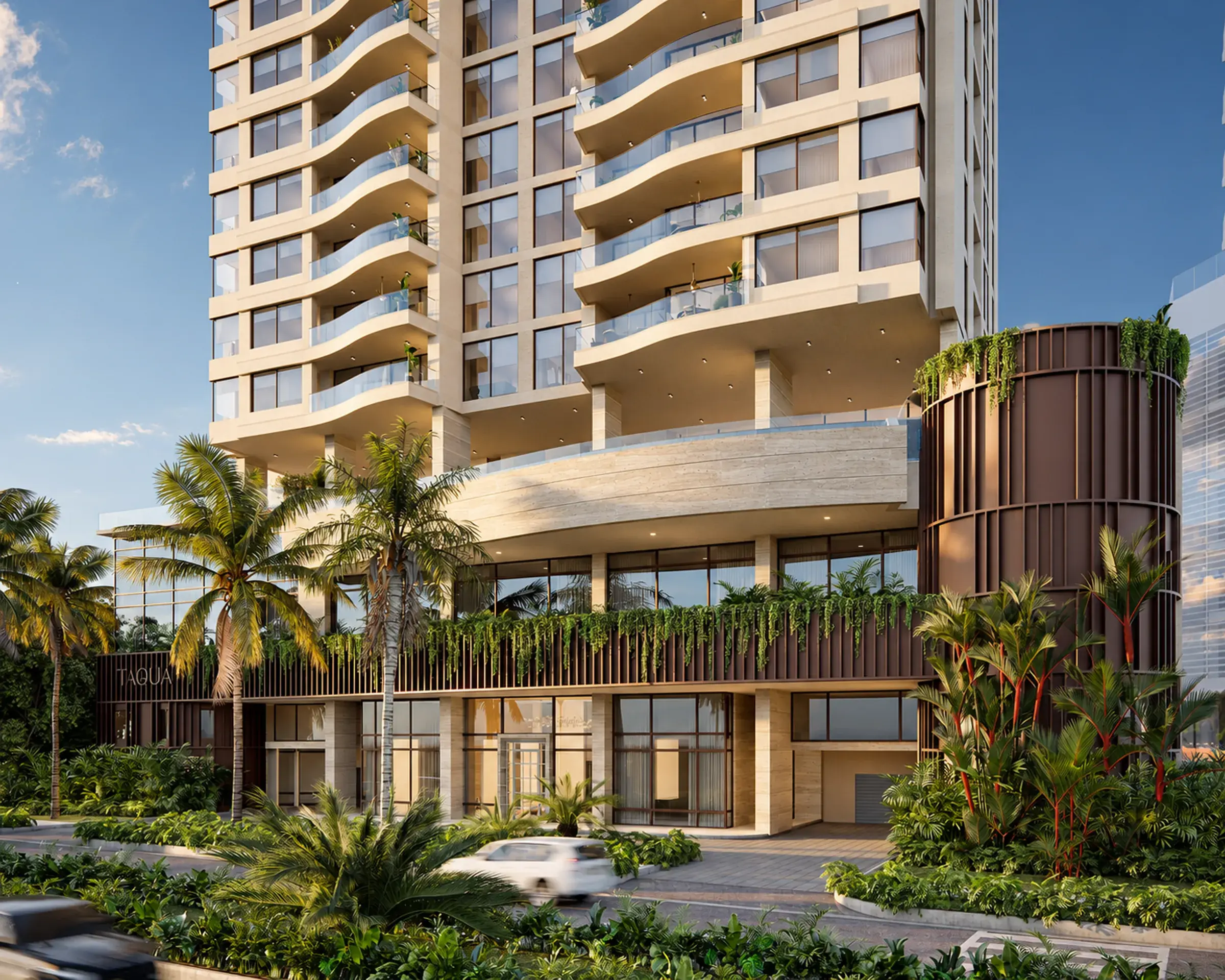 Architectural render of the Tagua entrance at street level, with the project name on a slatted bronze wall, a glazed lobby, a garage entrance and tropical landscaping.