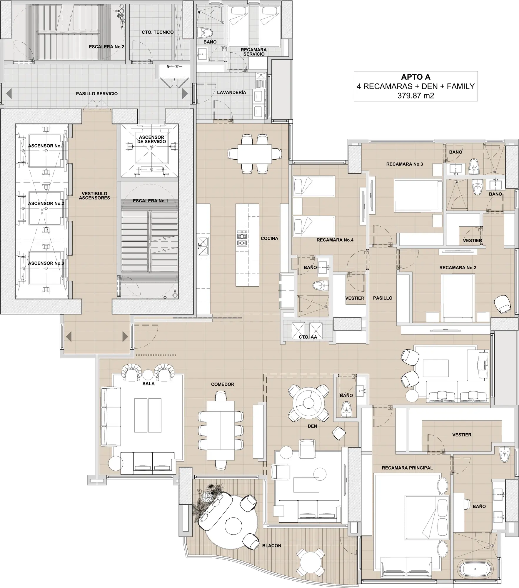 Floor plan of a 379.87 m² Type A Tagua apartment with four bedrooms plus a den and a family room, a service bedroom, a laundry room and a balcony.