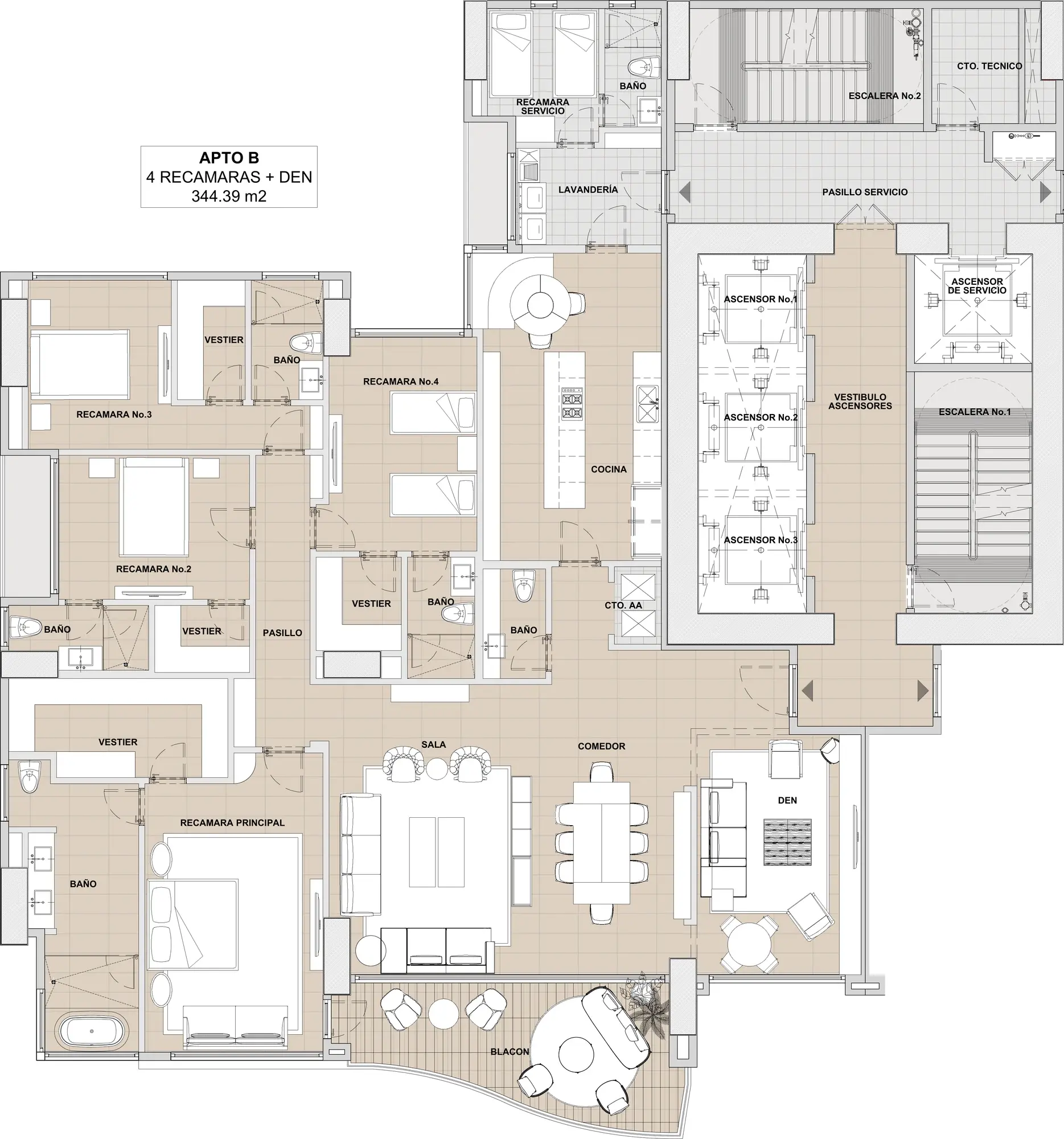 Floor plan of a 344.39 m² Type B Tagua apartment with four bedrooms plus a den, a service bedroom with its own bath, a laundry room and a balcony.