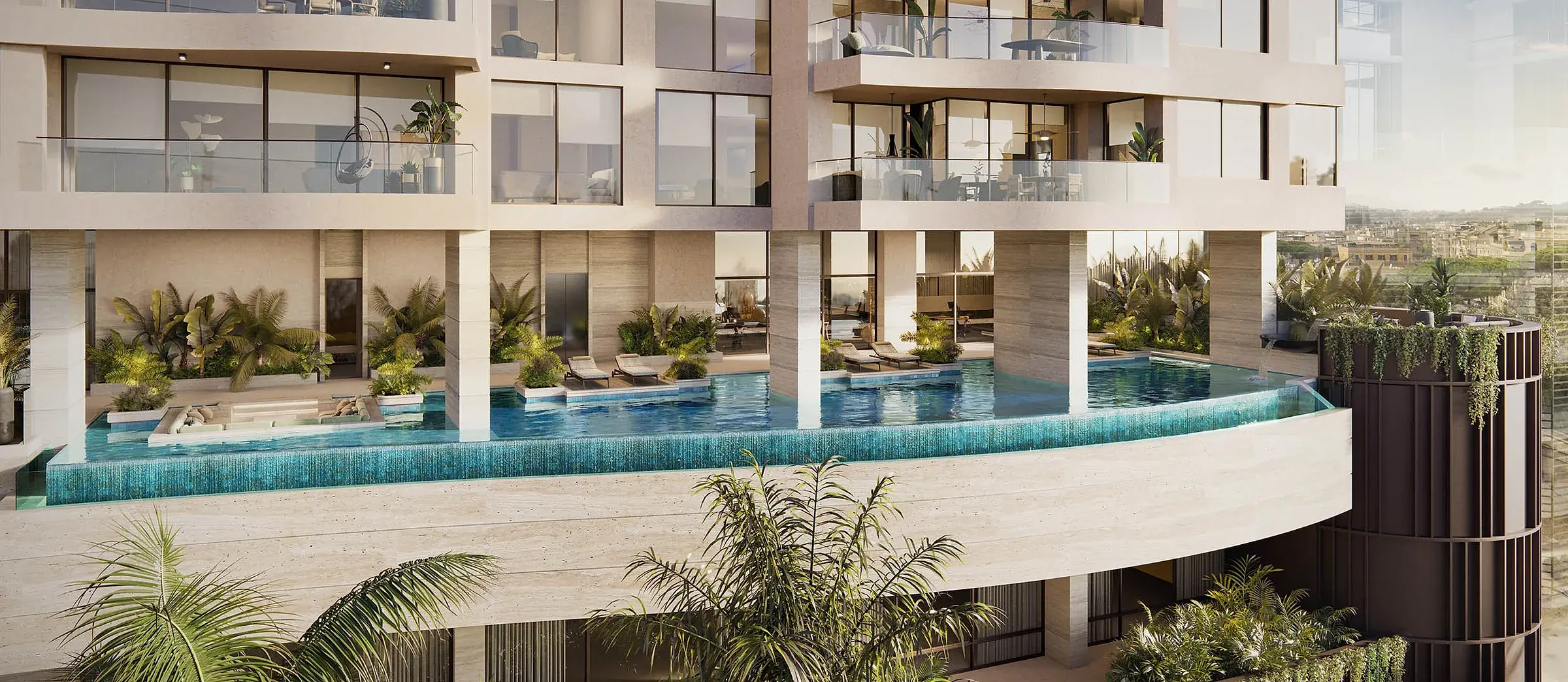 Architectural render of the Tagua elevated infinity pool beneath the tower, with loungers on islands in the water, a sunken seating area and planters.
