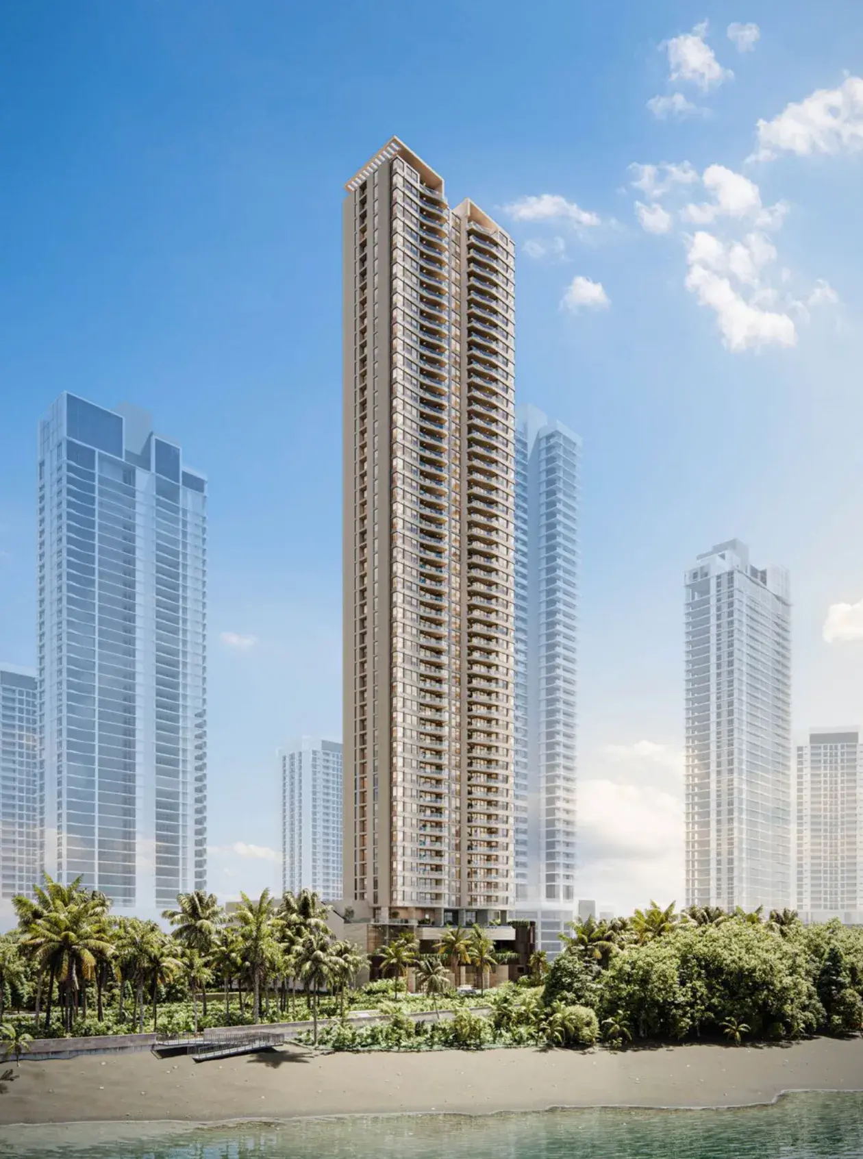 Architectural render of the slender Tagua tower rising above palms and a dark-sand shoreline, with other high-rises on either side.