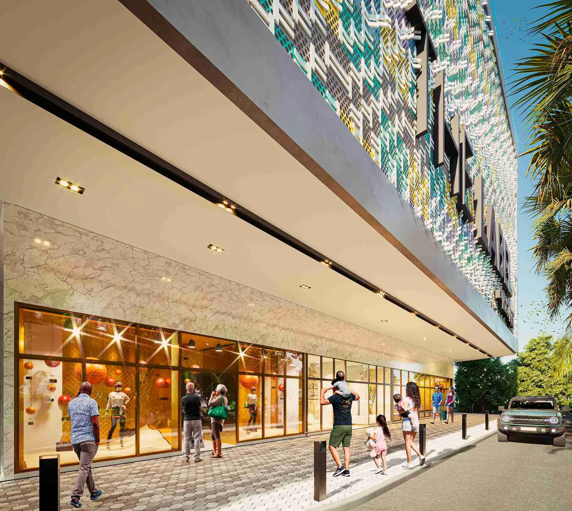 Architectural render of The Label's street-level retail podium.