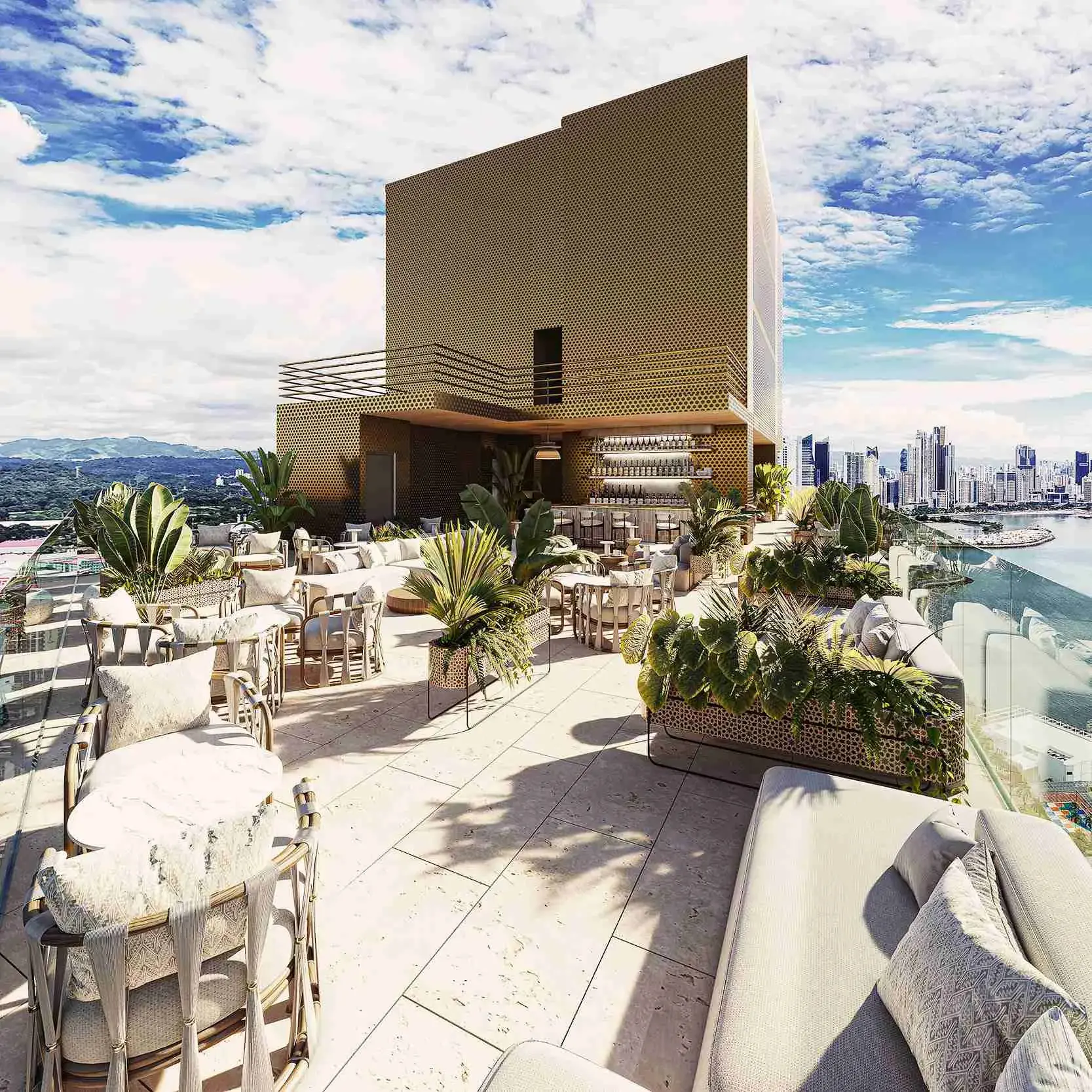 Architectural render of The Label rooftop lounge and bar.