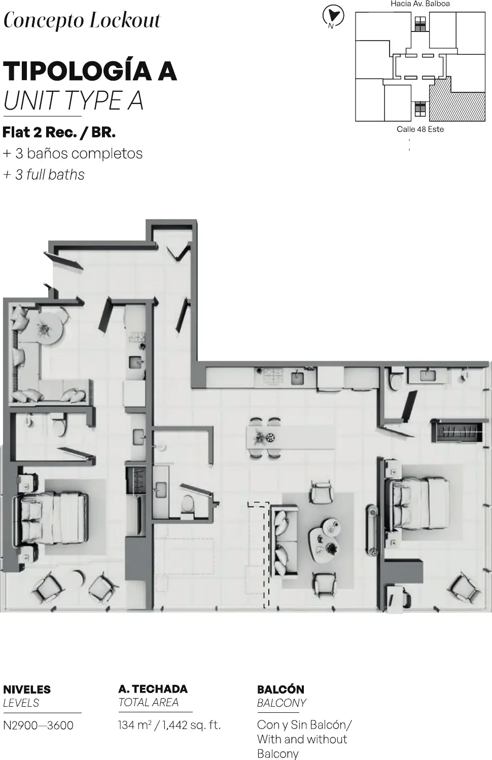 Floor plan of a 134 m² Uptown Condo Suites apartment with two bedrooms, three bathrooms and an open living and kitchen area.