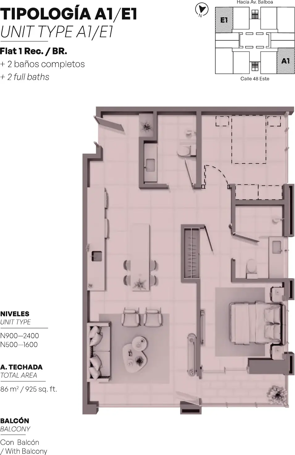 Floor plan of an 86 m² Uptown Condo Suites apartment with one bedroom, two bathrooms, an open living, dining and kitchen area and a balcony.