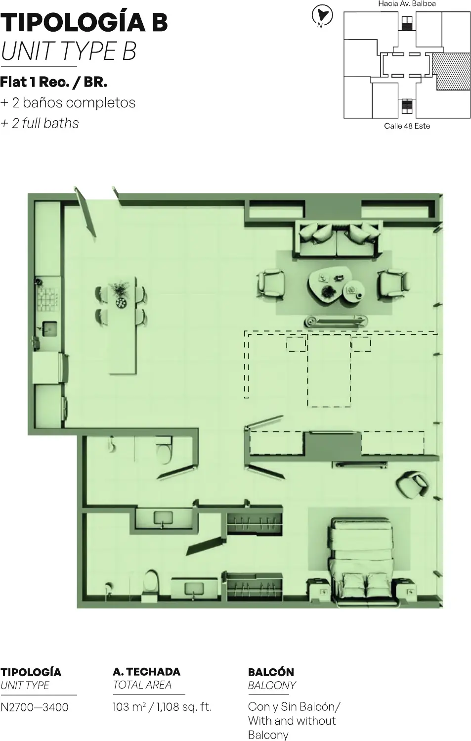 Floor plan of a 103 m² Uptown Condo Suites apartment with one bedroom, two bathrooms and a large open living area.