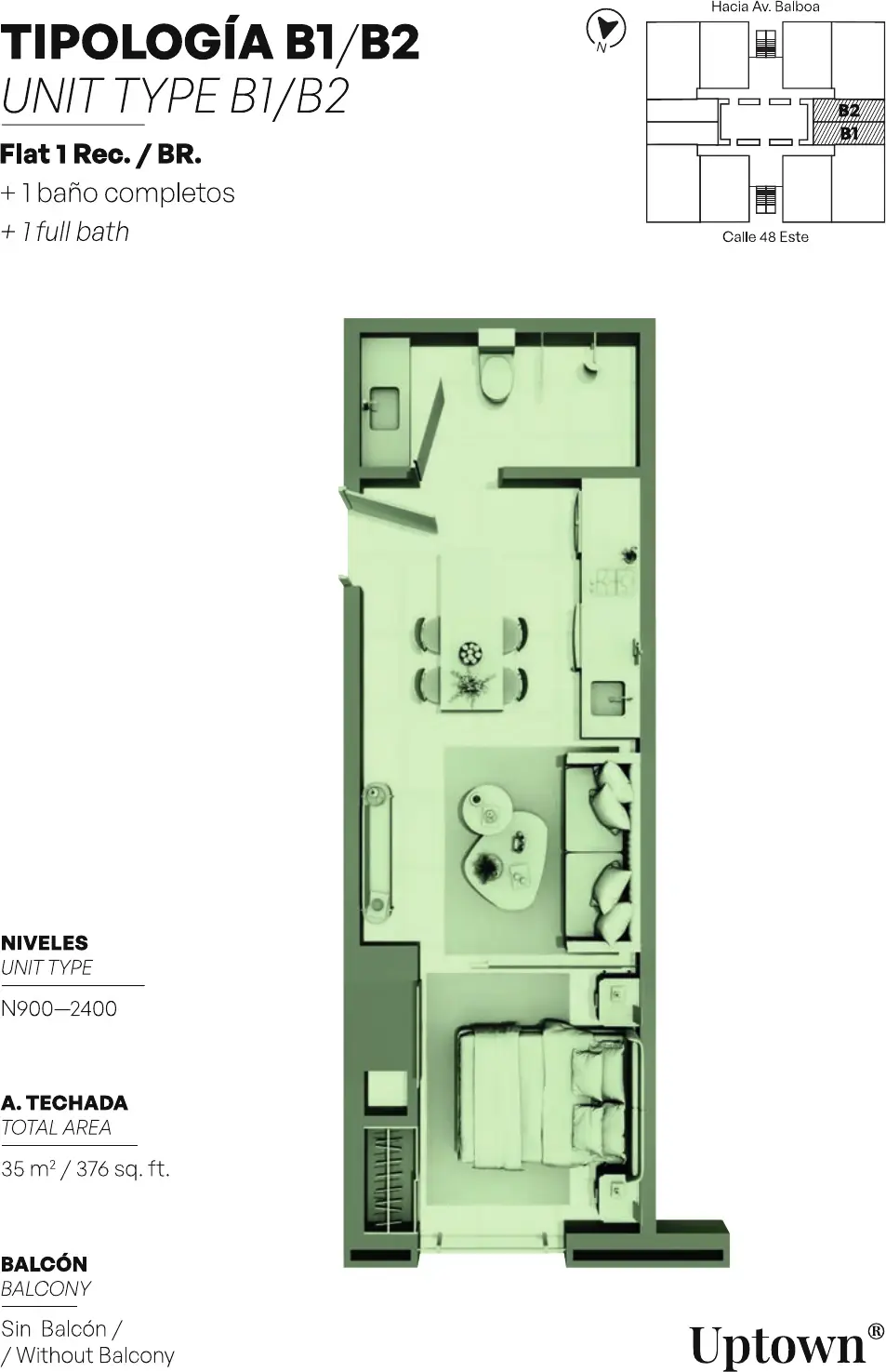 Floor plan of a 35 m² Uptown Condo Suites apartment with one bedroom, one bathroom and no balcony.