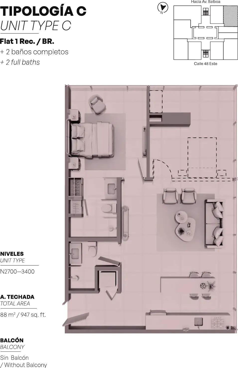 Floor plan of an 88 m² Uptown Condo Suites apartment with one bedroom, two bathrooms and no balcony.