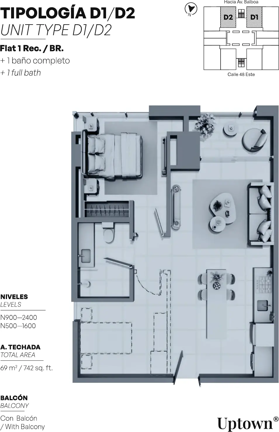 Floor plan of a 69 m² Uptown Condo Suites apartment with one bedroom, one bathroom and a balcony.