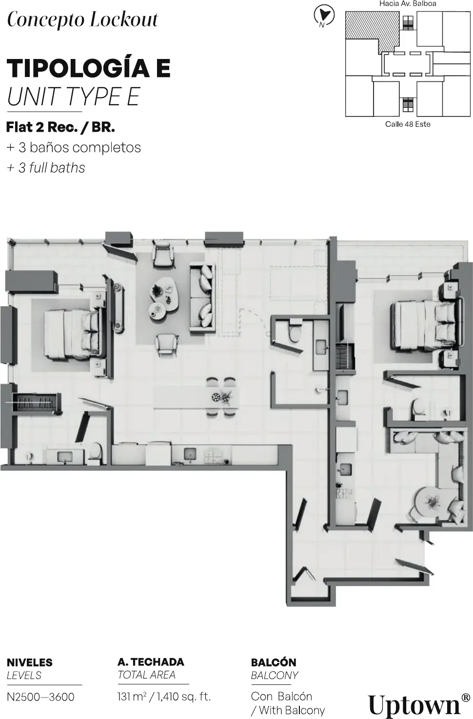 Floor plan of a 131 m² Uptown Condo Suites apartment with two bedrooms, three bathrooms and a balcony.
