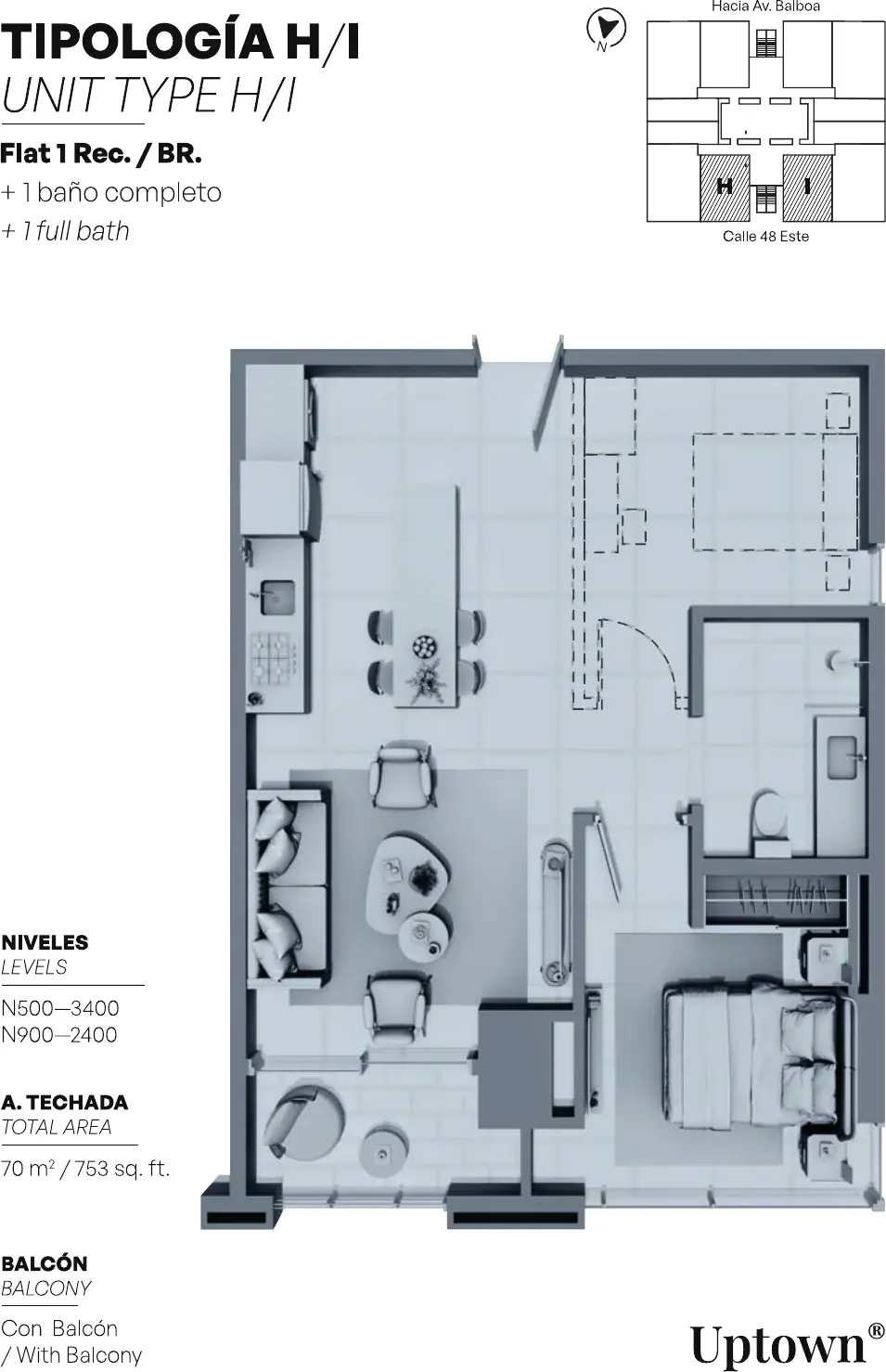 Floor plan of a 70 m² Uptown Condo Suites apartment with one bedroom, one bathroom and a balcony.