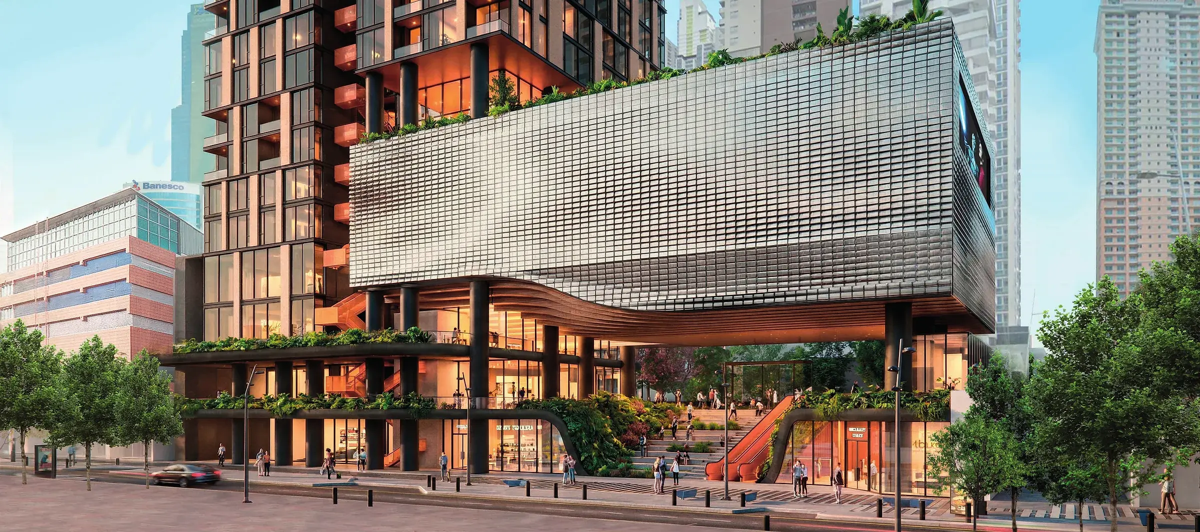 Architectural render of the Uptown Condo Suites podium from the street, with ground-floor shops, a stepped garden plaza with an escalator and planted terraces beneath a metallic volume.