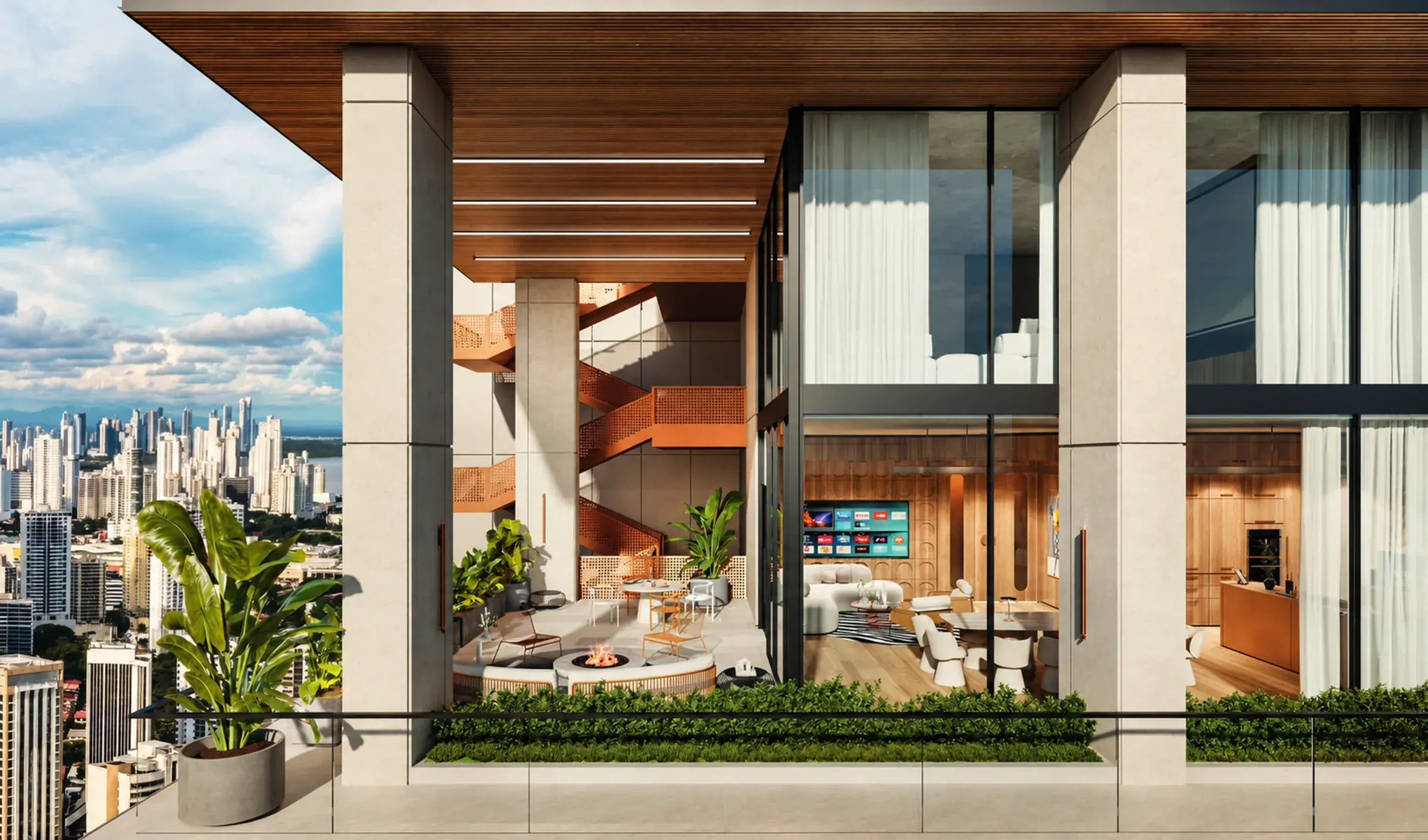 Architectural render of an Uptown Condo Suites amenity terrace with a fire pit, an orange perforated staircase and a glazed lounge with a wall TV, overlooking the Panama City skyline.