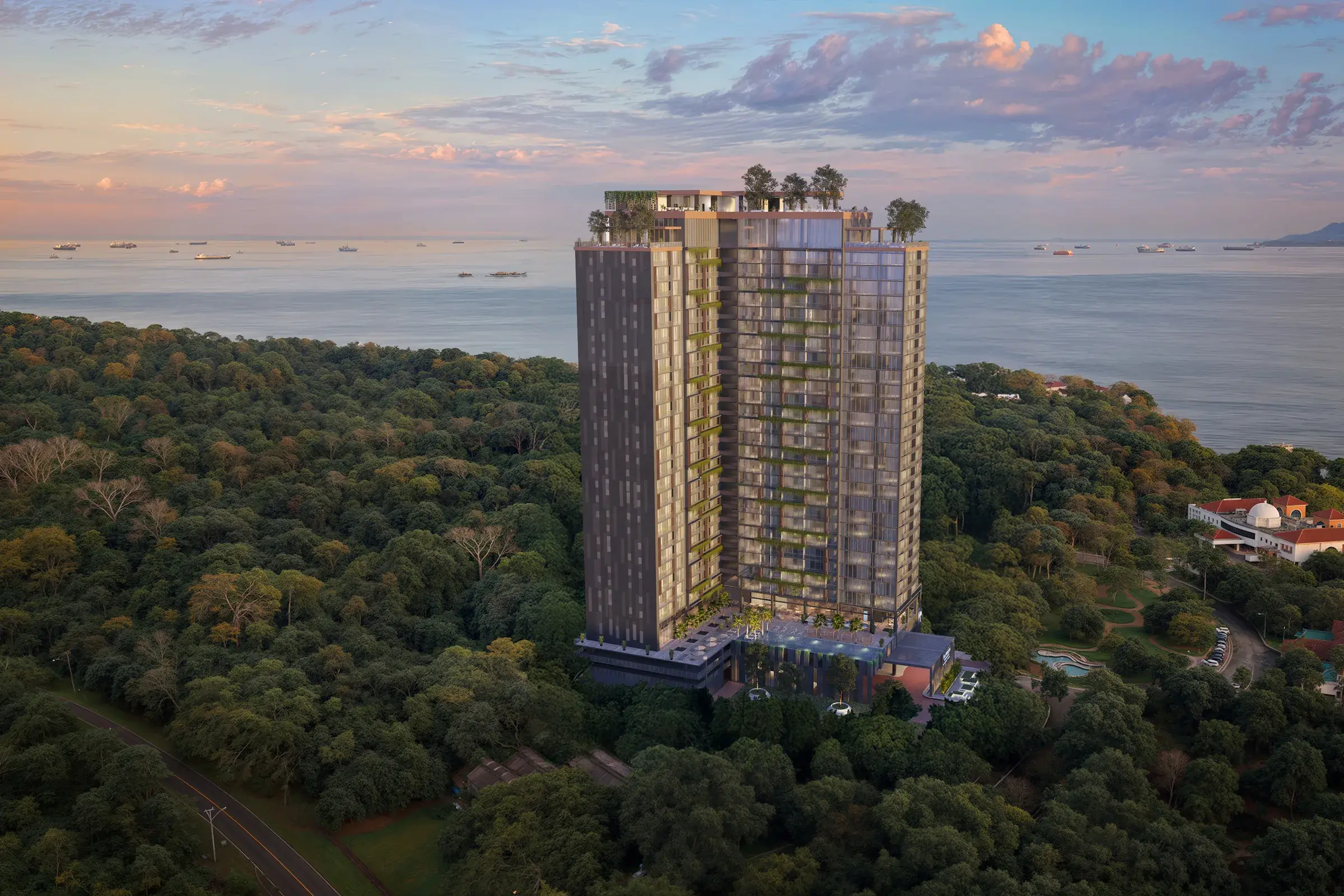 Architectural render of The Westin Residences tower at sunset, rising from dense tropical forest beside a bay with ships on the horizon and a green-roofed podium with a pool at its base.