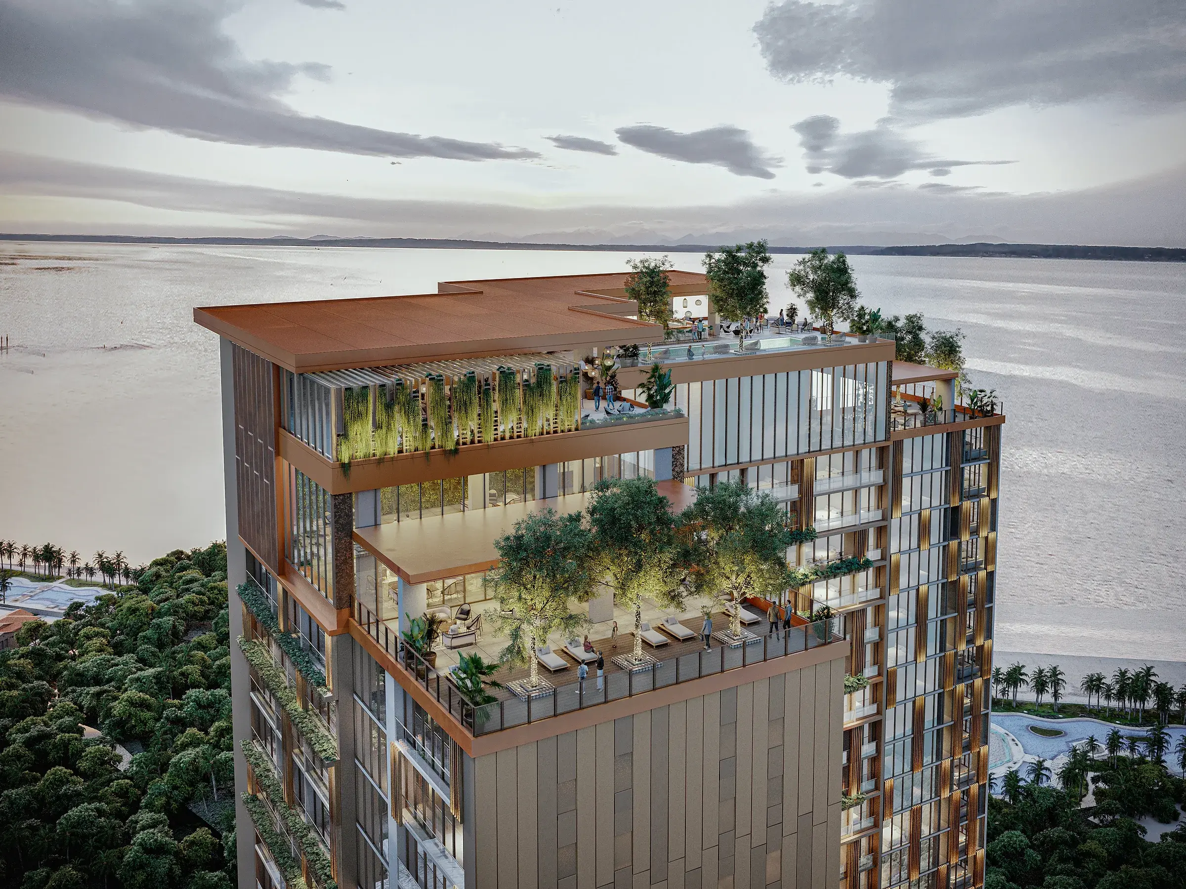 Architectural render of the top levels of The Westin Residences, with a copper-toned crown, a tree-planted sky terrace with loungers, hanging greenery and a rooftop pool above the bay.