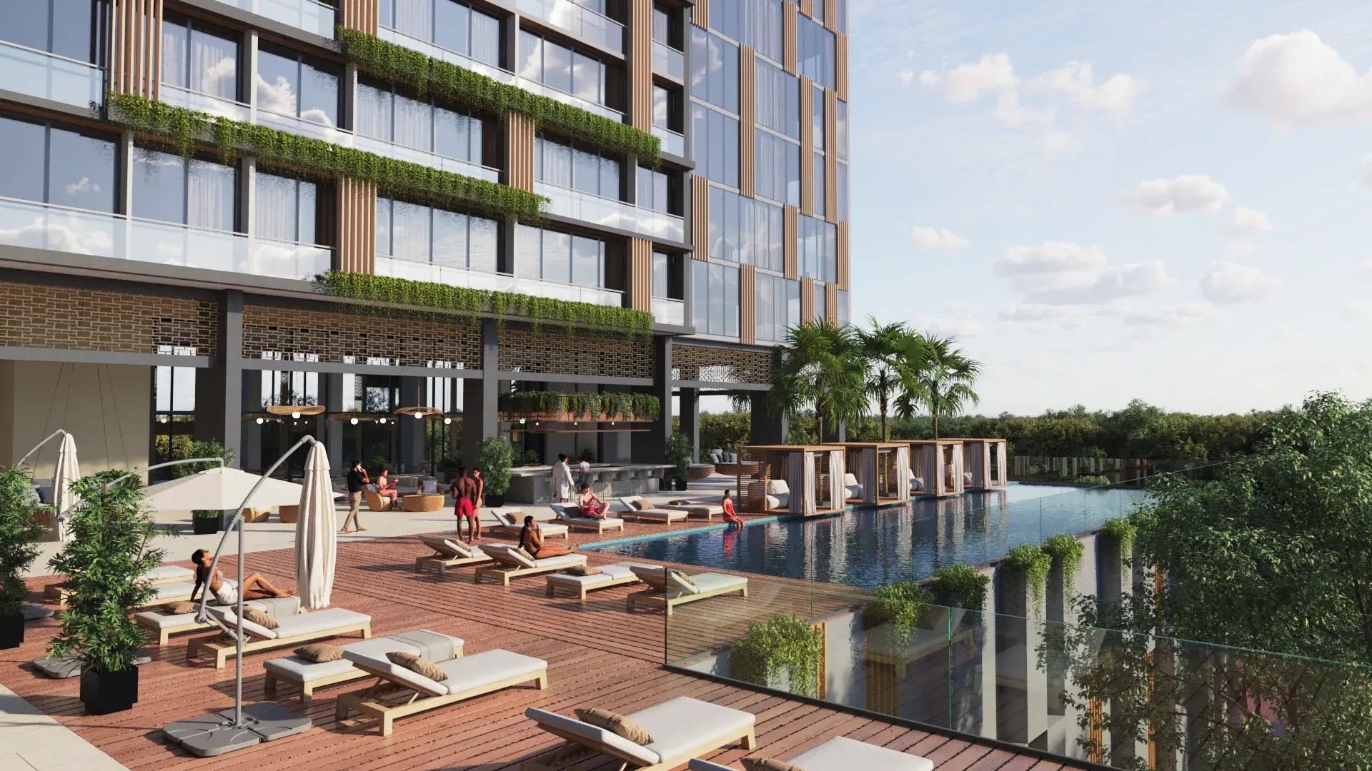 Architectural render of the pool deck at The Westin Residences, with wood decking, loungers, an infinity-edge pool, four cabanas and a tower facade draped in greenery.