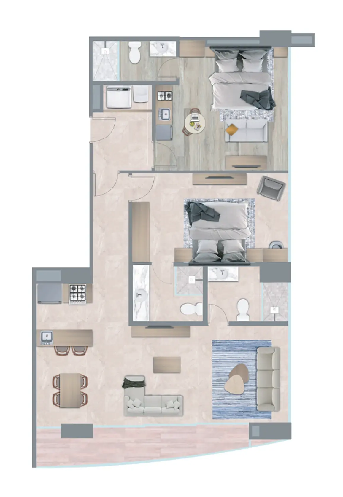Floor plan of a 128 m² Westin Residences apartment with two bedrooms, three bathrooms, a kitchenette off one bedroom, a living and dining area and a balcony.