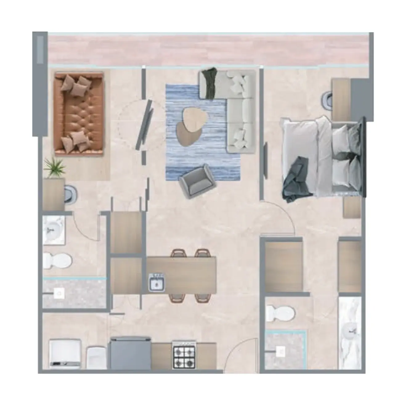 Floor plan of an 80 m² Westin Residences apartment with one bedroom, a den, two bathrooms, a living and dining area, a laundry nook and a balcony.