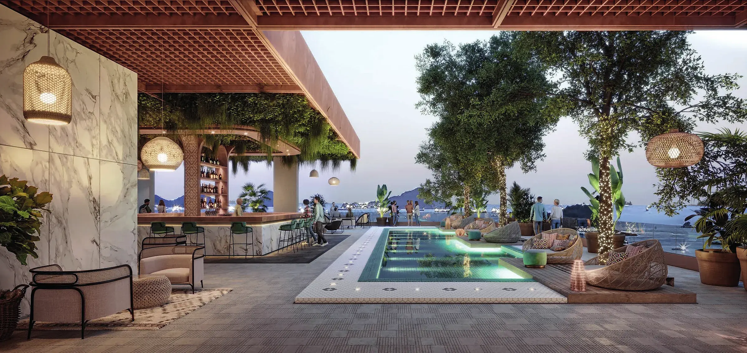 Architectural render of a covered bar beside a pool at The Westin Residences, with marble counters, wicker pendant lights, a mosaic-edged pool and woven daybed chairs at dusk, overlooking the sea.