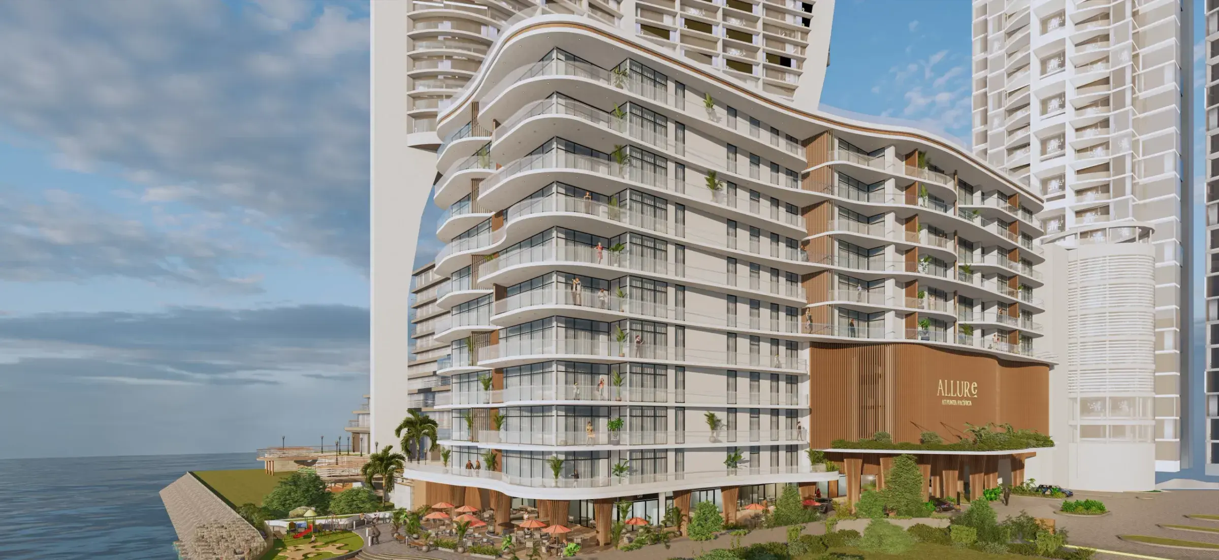 Architectural render of the Allure at Punta Pacífica tower seen from the water.