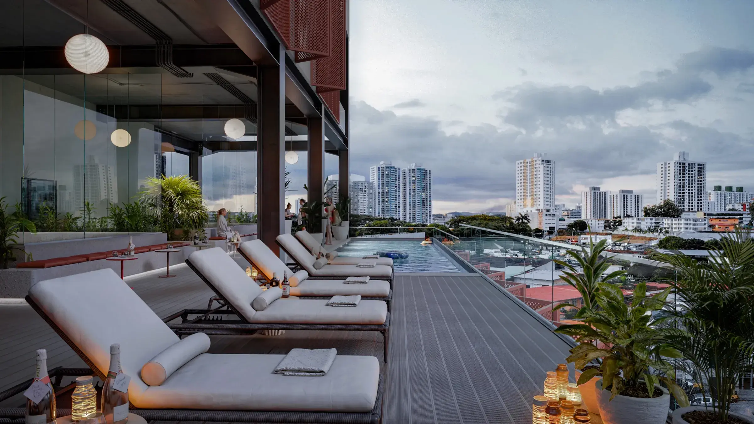 Architectural render of the Casa Parque pool deck with loungers and city views.