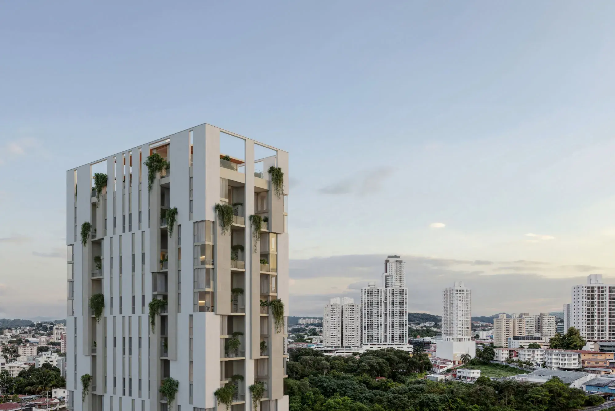 Architectural render of the Gesti 66 tower at dusk above San Francisco.