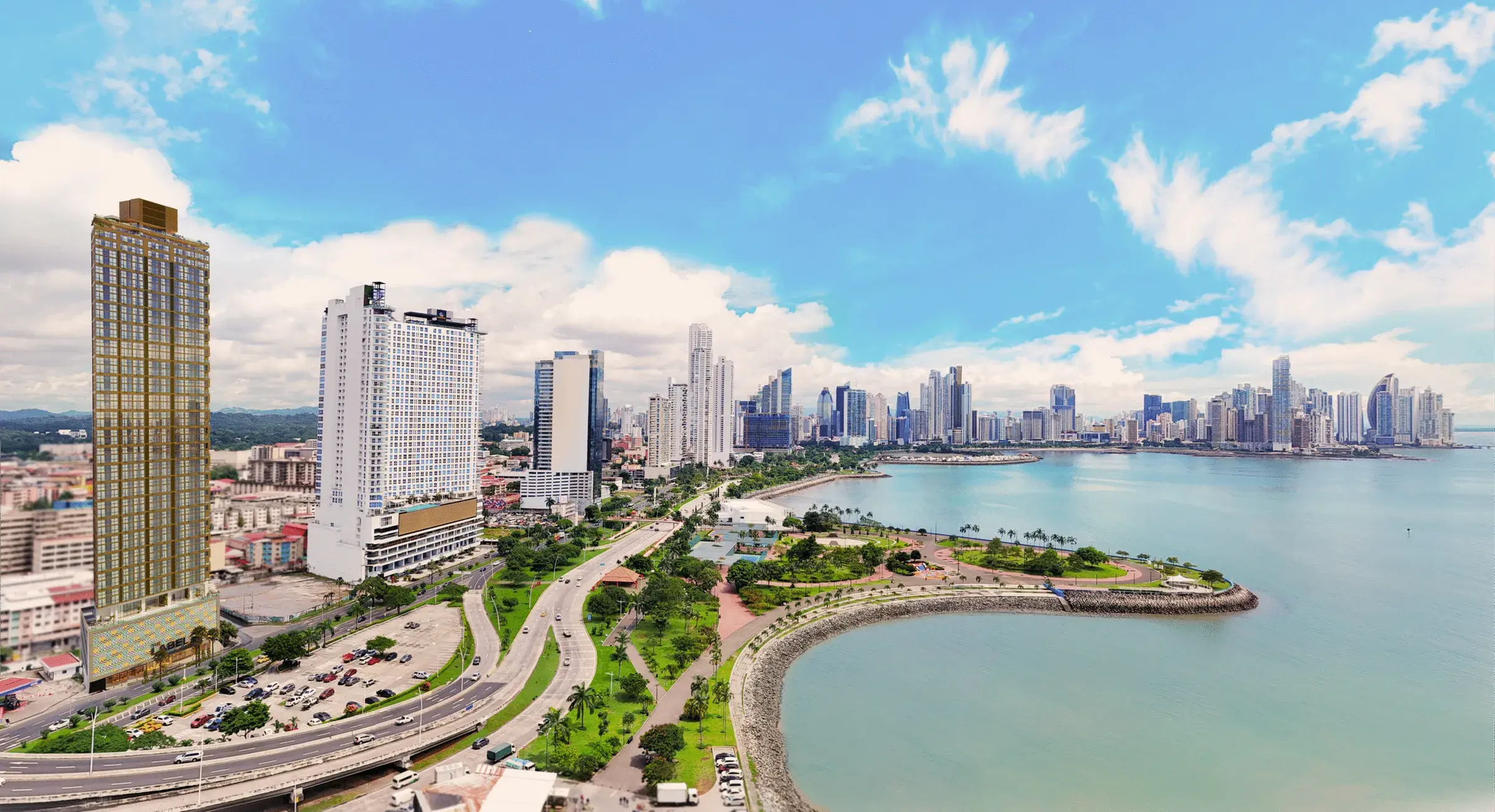 Architectural render of The Label tower on Avenida Balboa with the bay and Casco Antiguo behind.