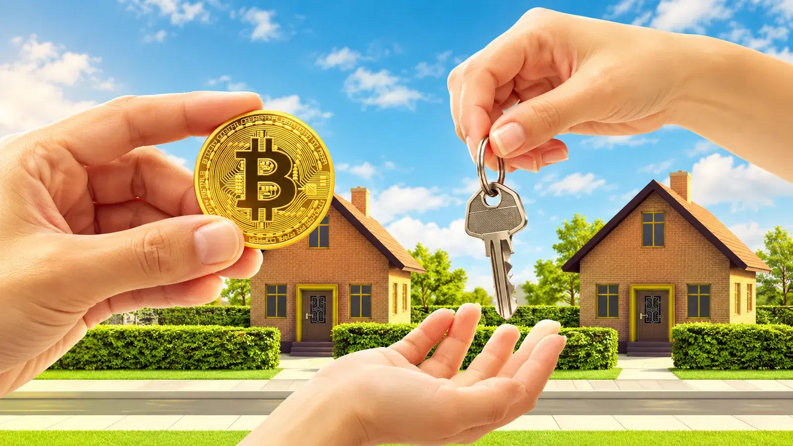One hand holds up a gold bitcoin coin while another dangles a house key over an open palm, with two brick houses and a blue sky behind