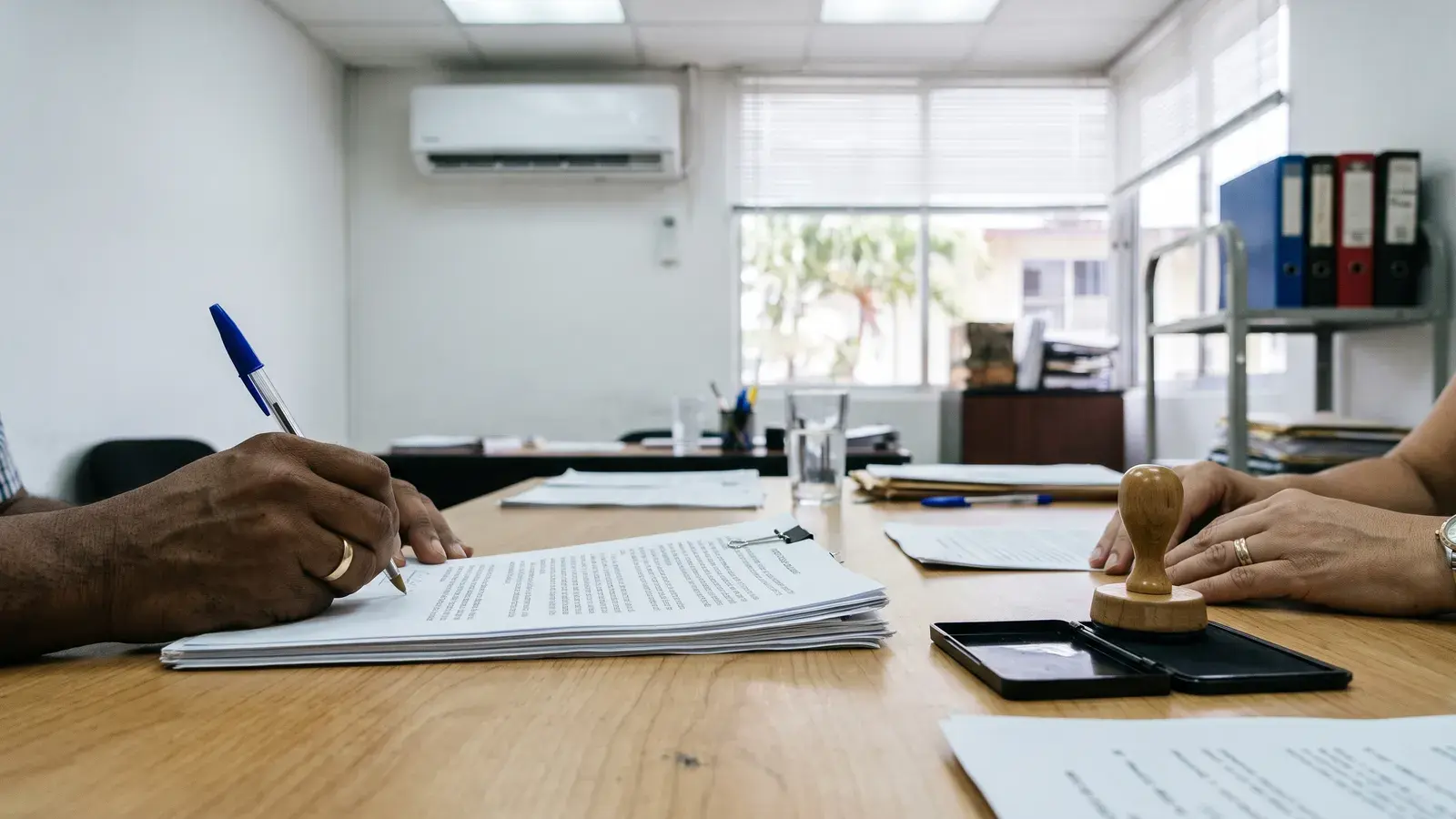 A hand signs a stack of typed pages with a blue pen at a wooden desk, while a second person rests a hand beside a rubber stamp and ink pad in an air-conditioned office