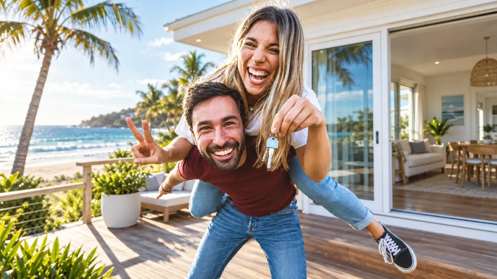 A laughing couple on the deck of a beach house, the woman riding on the man's back and holding up a set of keys, with palm trees and the ocean behind them