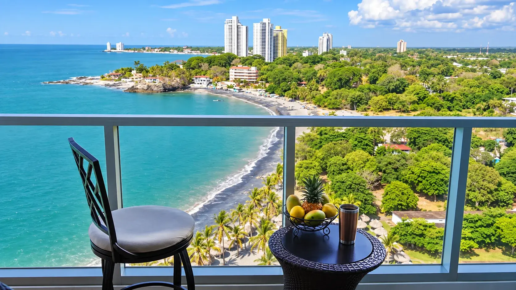 Una mesa de balcón con un frutero, frente a una bahía del Pacífico con playa de arena oscura, ranchos de palma y torres blancas de apartamentos en la costa