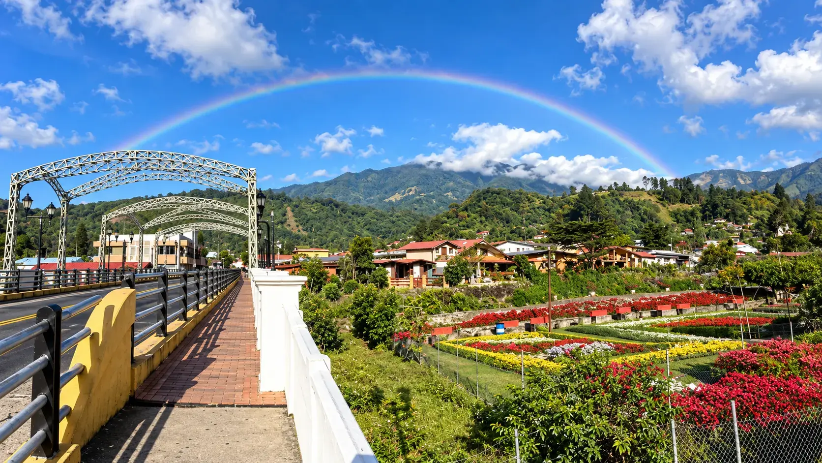 Boquetes kunstvoll gestaltete Fußgängerbrücke zu den Blumengärten der Stadt, im Hintergrund ein Regenbogen über den grünen Bergen von Chiriquí